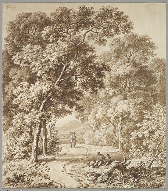Ferdinand Kobell, A Path Bordered by Trees with two Beggars and a Couple Strolling