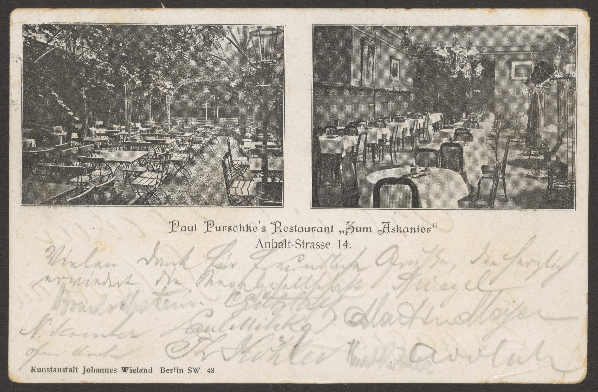 J. Wieland & Co., Ansichtskarte Restaurant "Zum Askanier" mit Außenbereich, Anhaltstraße 14 [1/2]