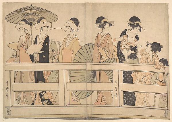 Kitagawa Utamaro, Enjoying the Cool Evening Breeze on and under the Bridge