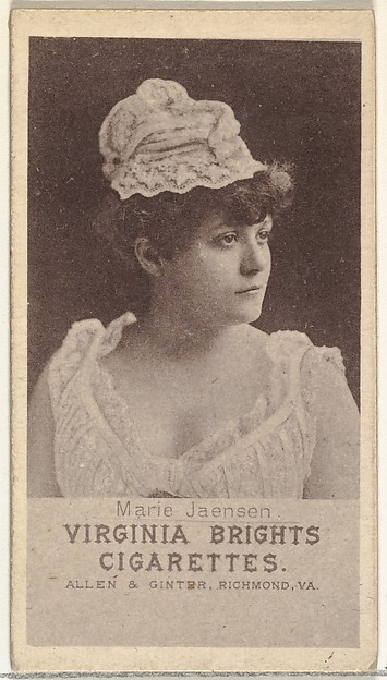 Allen & Ginter, Marie Jaensen, from the Actresses series (N67) promoting Virginia Brights Cigarettes for Allen & Ginter brand tobacco products