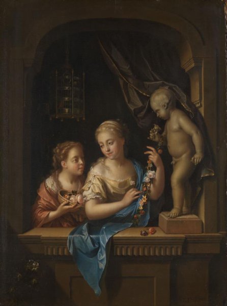 Pieter van der Werff, Twee meisjes met bloemen bij een beeld van Cupido