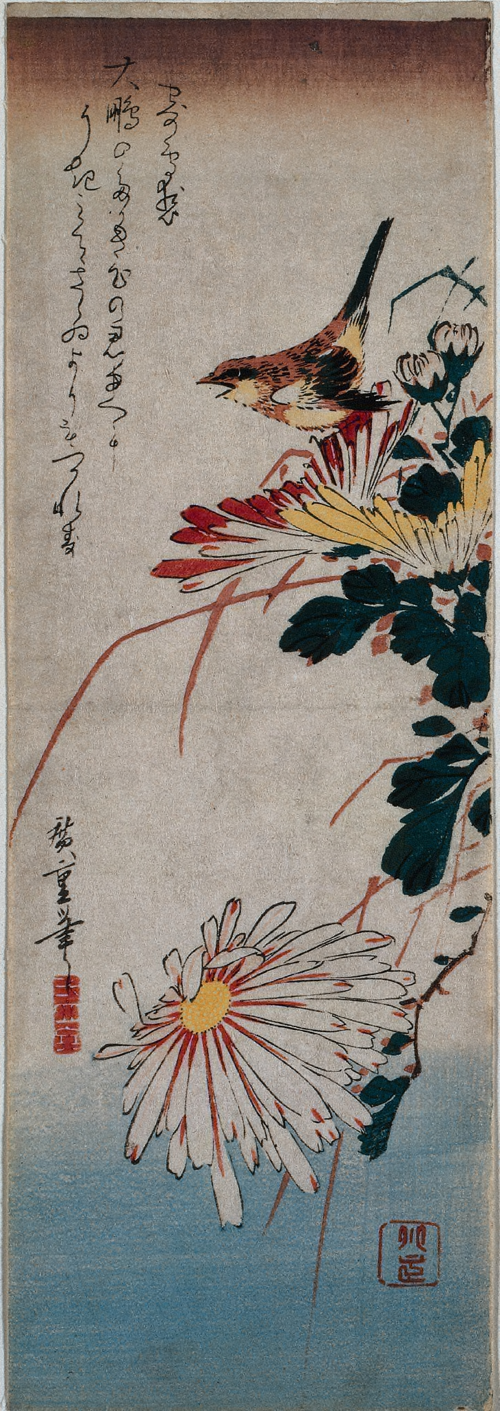 Utagawa Hiroshige, Wren and Chrysanthemums