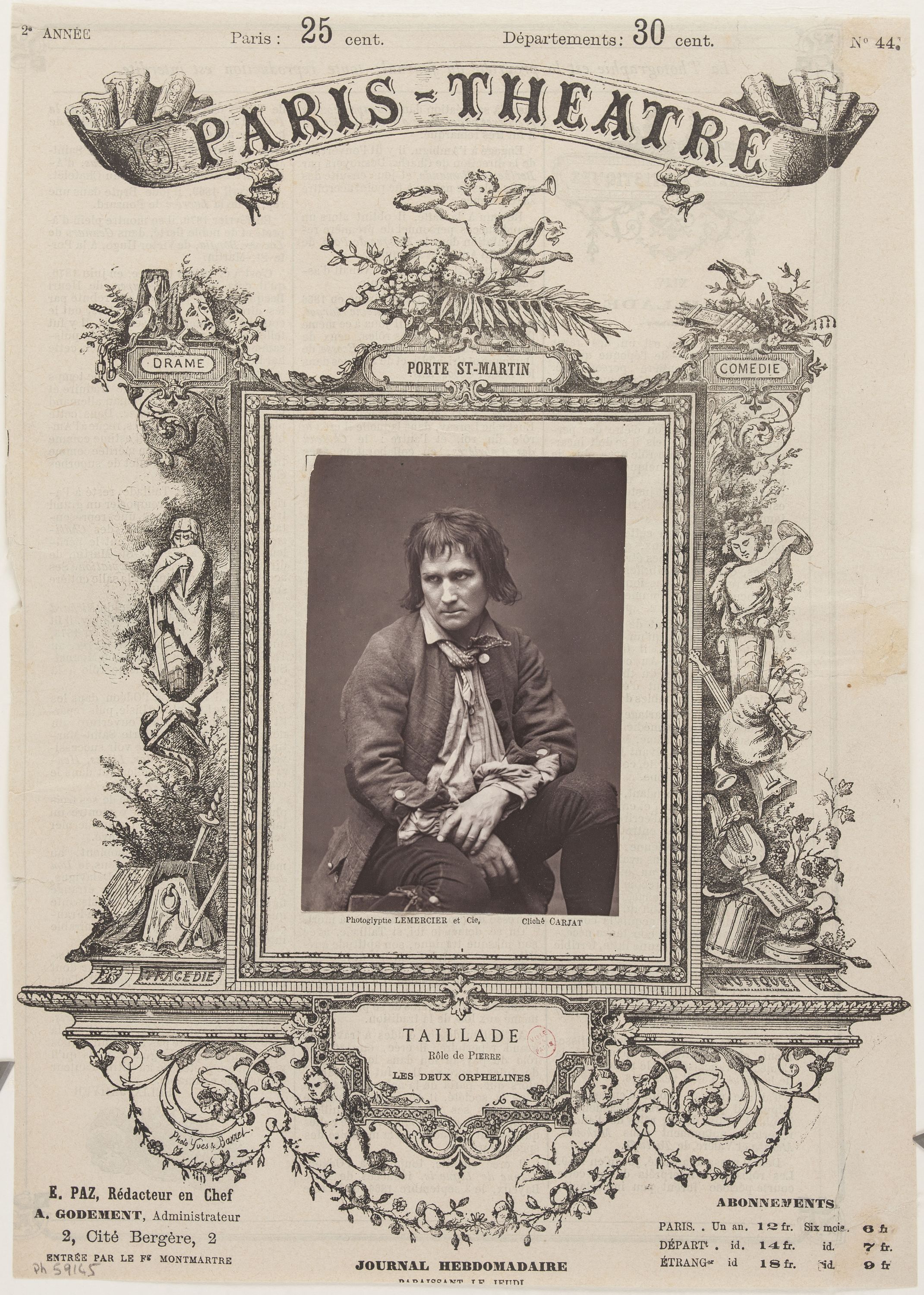 Etienne Carjat, Portrait de Paul-Félix-Joseph Tailliade, comédien (1826-1898), à la une du journal "Paris-Théâtre"