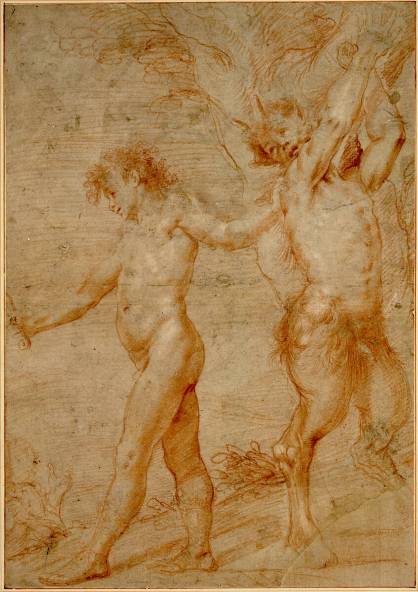 Anonym, Schindung des Marsyas. (Rechts Marsyas, mit emporgehobenen Händen an einen Baum gebunden; links abgewendet Apollo, das Messer in der ausgestreckten Rechten; links unten werden zwei Halbfiguren sichtbar)