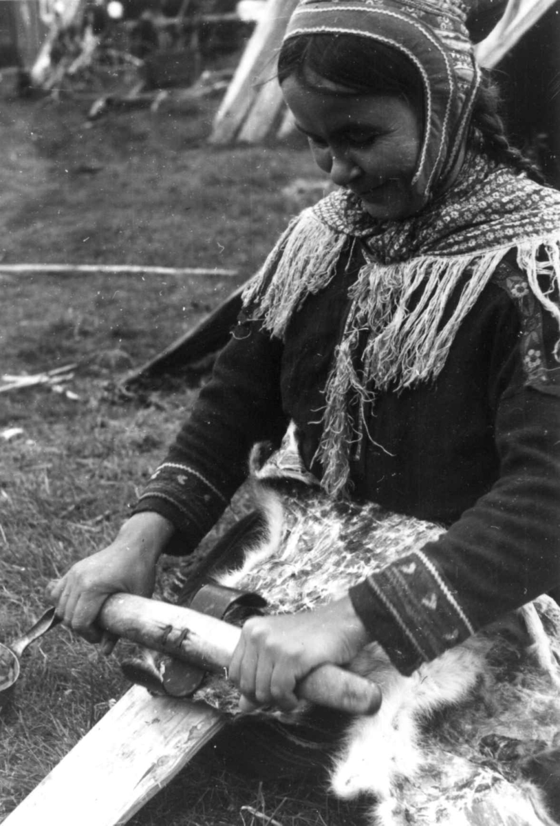 Anna Grostøl, En kvinne bearbeider skinn. Olderdalen, Kåfjord, Troms 1947.
