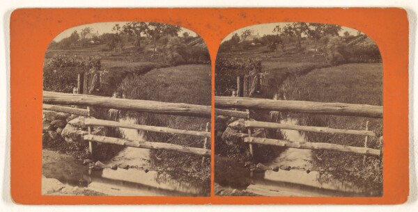 Unknown, [Small stream between two fields, wooden fence in foreground]