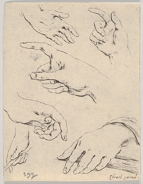 Stefano della Bella, Plate 6: Six hands, from "The Book for Learning to Draw" (Livre pour apprendre à dessiner)