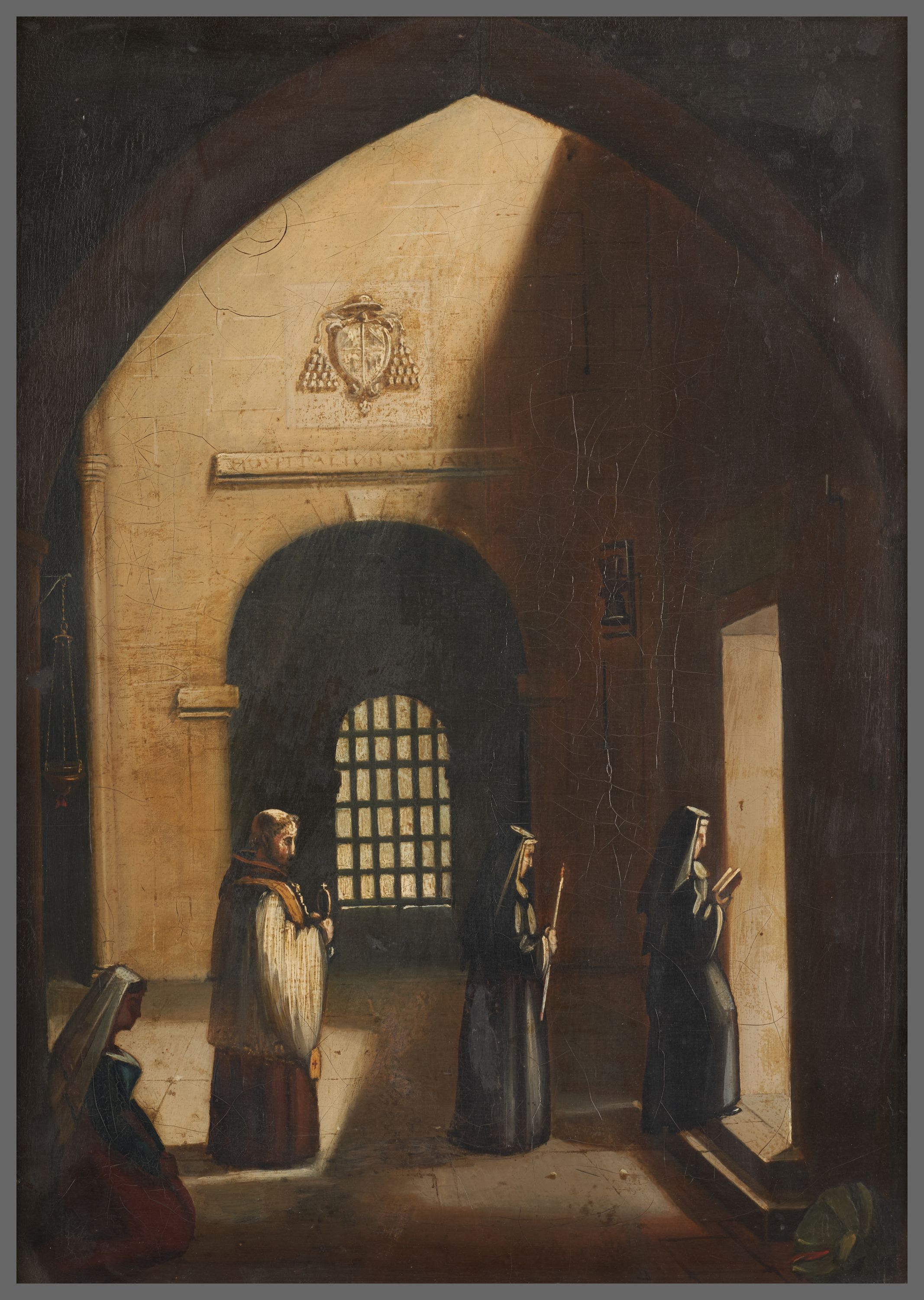 Anonyme, Deux religieuses et un diacre marchant dans une église, dans le genre de François Marius Granet