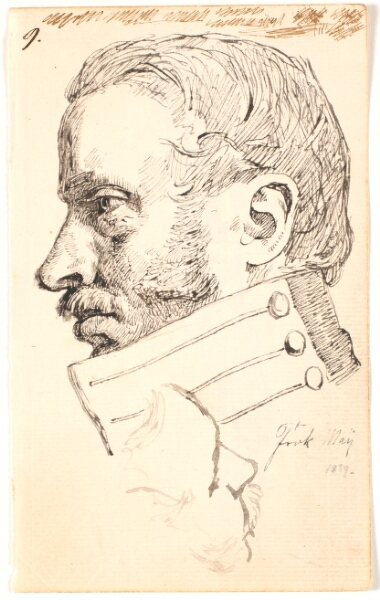 Johan Thomas Lundbye, Kunstnerens bror Christen Carl Lundbye, brystbillede, profil t.v. Foroven løs skitse af samme person set halvt fra oven.