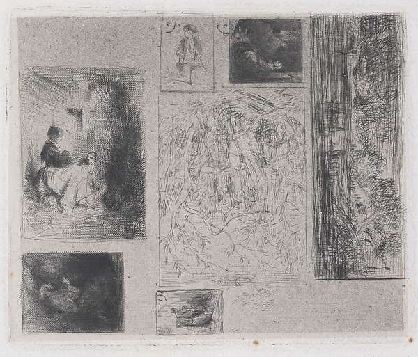 Charles Jacque, Composite plate: Woman and Children (a), Old Musician (b), Frying Merchant (c),  Landscape (d), Landscape (e), Praying Monk (f), and Scavenger (g)