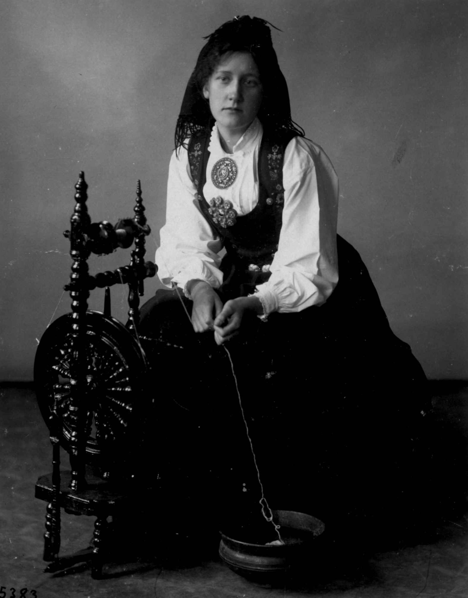 Hermann Christian Neupert, Kvinnedrakt fra Tinn, Vest-Telemark. Kvinne sittende ved rokk.