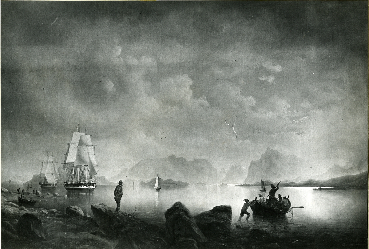Okänd fotograf, Fregatten Josephine och Korvetten Lagerbielke till ankars i norsk hamn. Oljemålning 1852. Storlek 102 x 145 cm.