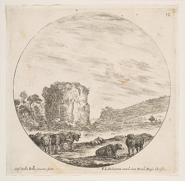 Stefano della Bella, Ruins of a temple in a Roman landscape, plate 13 from "Roman landscapes and ruins" (Paysages et ruines de Rome)