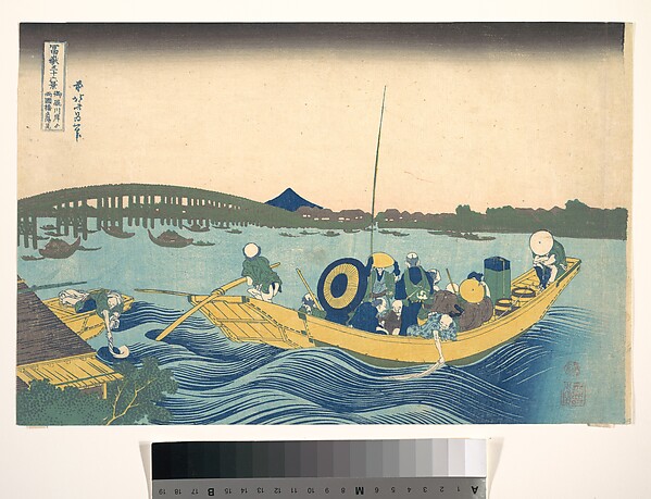 Katsushika Hokusai, Viewing the Sunset over Ryōgoku Bridge from the Onmaya Embankment (Onmayagashi yori Ryōgokubashi sekiyō o miru), from the series Thirty-six Views of Mount Fuji (Fugaku sanjūrokkei)