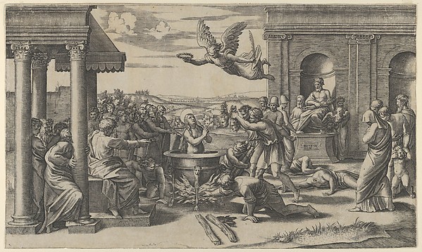 Marcantonio Raimondi, The Martydom of Saint Cecilia standing naked in a large cauldron, at left under a colonnade, sits a Roman Prefect, at right the statue of Jupiter in a niche