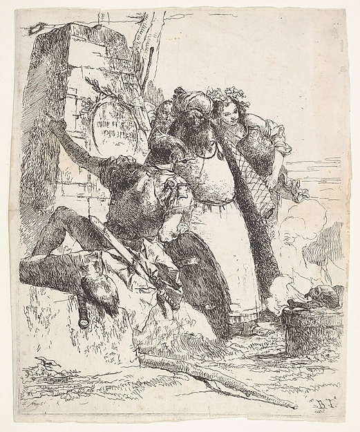 Giovanni Battista Tiepolo, A scene of necromancy: a woman bearing a vessel, a turbaned man, and a soldier look toward a pedestal upon which a skull and limb bone are burning, a bearded male figure's face is visible behind the group, from "Turns of fantasy" (Scherzi di fantasia)