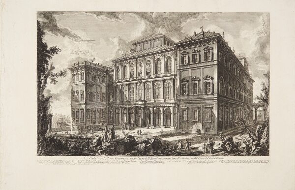 Giovanni Battista Piranesi, Barberini-familiens palazzo på Quirinall, tegnet af Bernini, med en sammenstyrtet obelisk i forgrunden