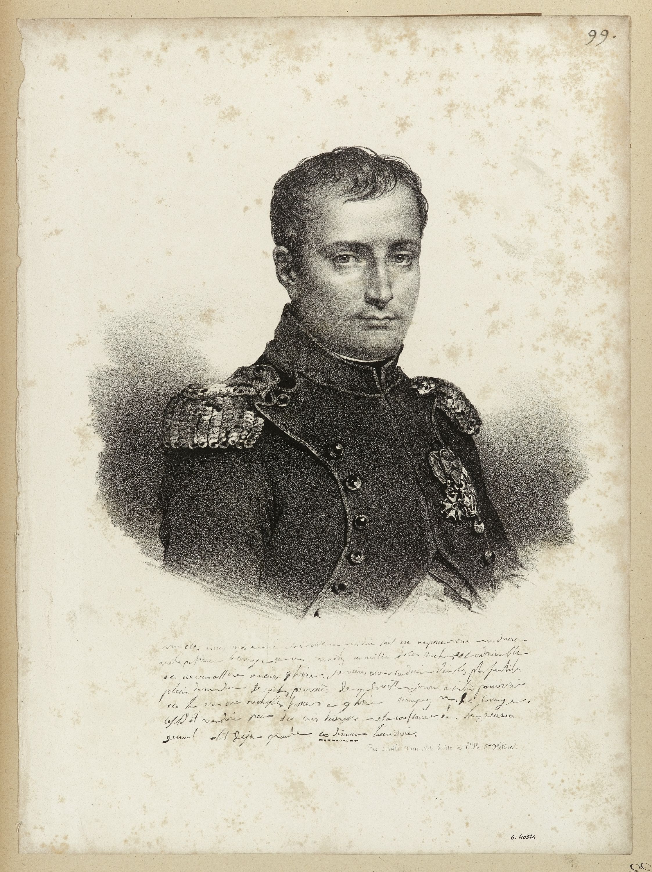 Anonyme, Portrait de Napoléon en buste, avec fac-similé d'une note écrite à Sainte-Hélène