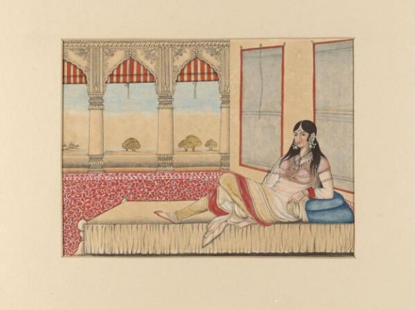 Unknown, An Indian lady reclining on a couch in the open verandah of a palace.