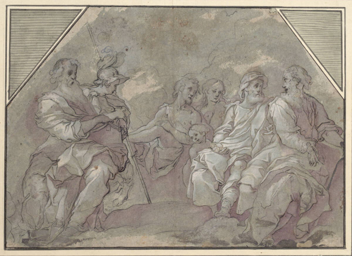 Anonym, Die 'Gerechten' des Alten Bundes. V.l.: Jeremias (oder Jesaias), Josua (Gideon), Johannes der Täufer, Eva, ein Prophet (Elisäus ?) mit einem Kind und rechts Moses mit den Gesetzestafeln