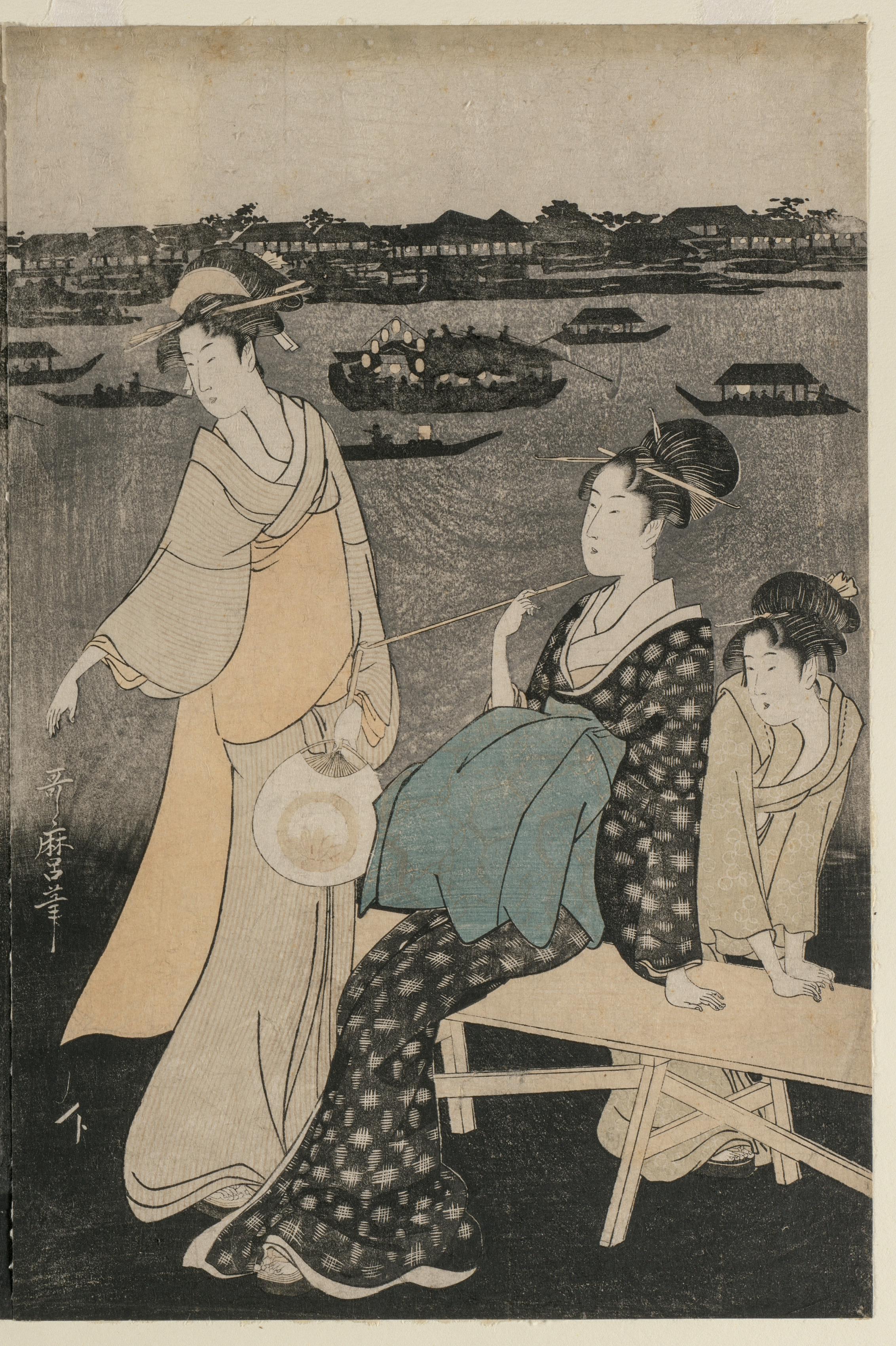 Kitagawa Utamaro, Women Enjoying the Evening Cool Near Ryogoku Bridge