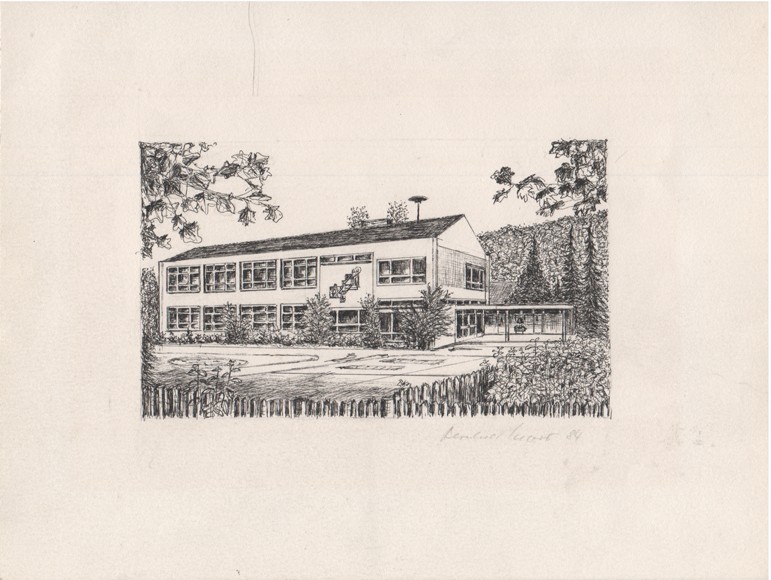 Bernhard Knorr, Tuschezeichnung von der Grundschule St. Sebastianus in Bad Bodendorf vor dem Erweiterungsbau