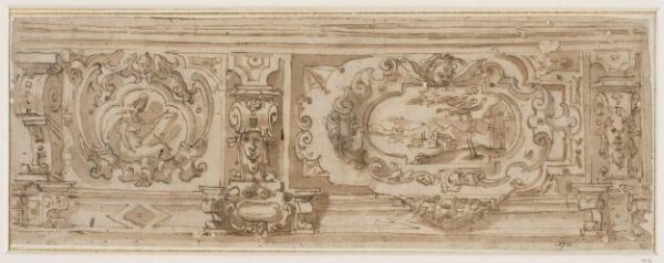 Unknown, Designs (2) for friezes, decorated with scrolled  cartouches containing landscapes
