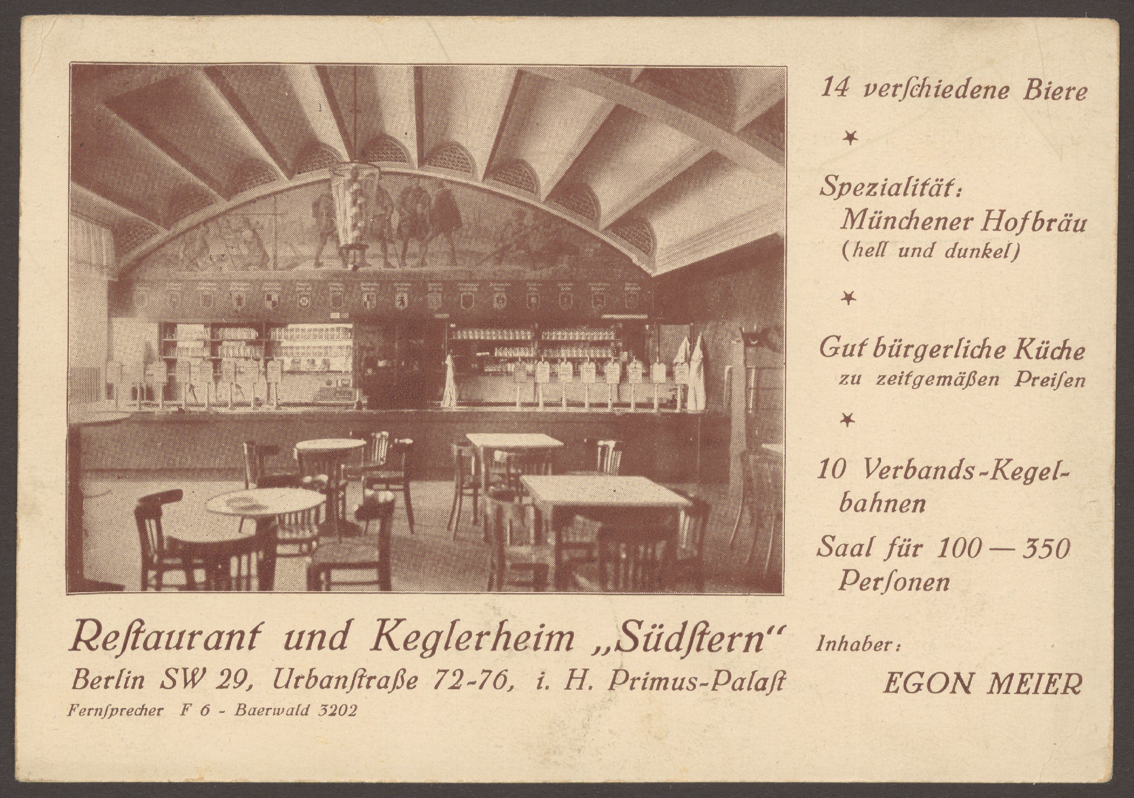 Unknown artist, Ansichtskarte Restaurant und Keglerheim "Südstern", Urbanstraße 72-76