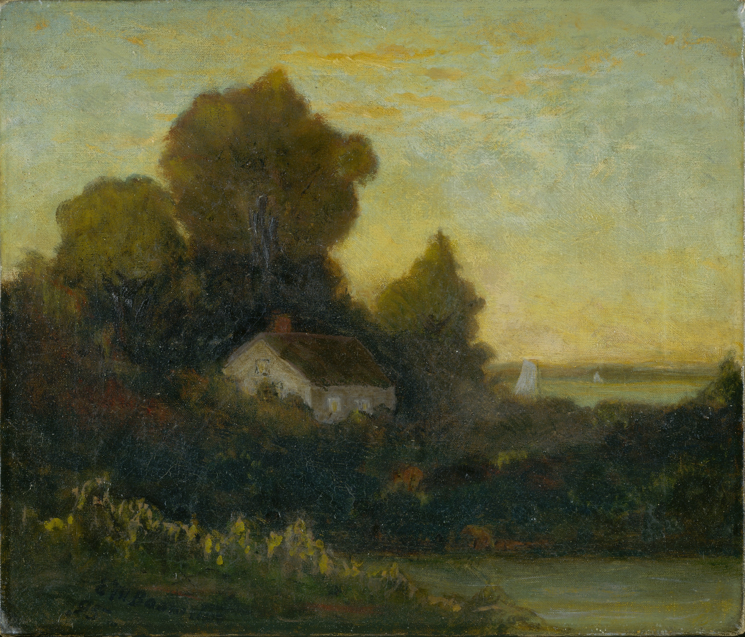 Edward Mitchell Bannister, Untitled (house in woods near lake)