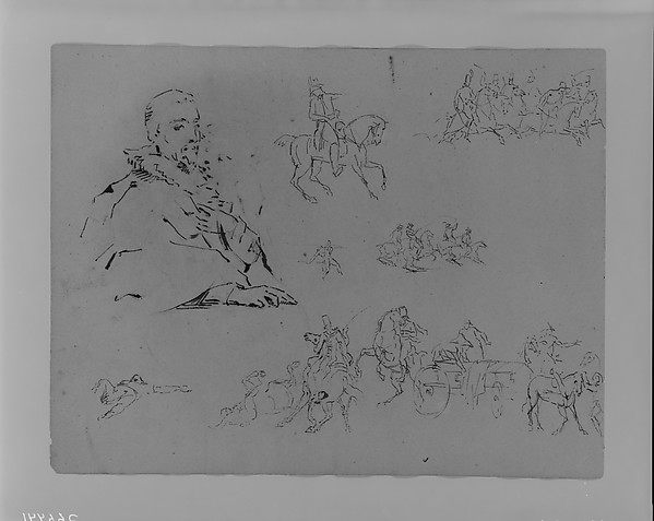 Thomas Sully, Seated Male (after Van Dyke); Soldier on Horseback; Soldiers on Horseback; Dying Figure; Soldiers on Horseback; Dead Figure; Military Scene (from Sketchbook)