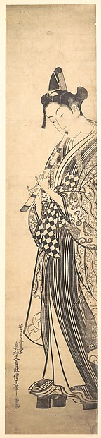 Okumura Masanobu, Young Man Walking Toward the Left on High Geta and Playing the Flute as He Walks