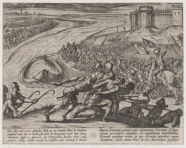 Antonio Tempesta, Plate 12: Pulling a Vessel Loaded with Grain to Shore, from "The War of the Romans Against the Batavians" (Romanorvm et Batavorvm societas)