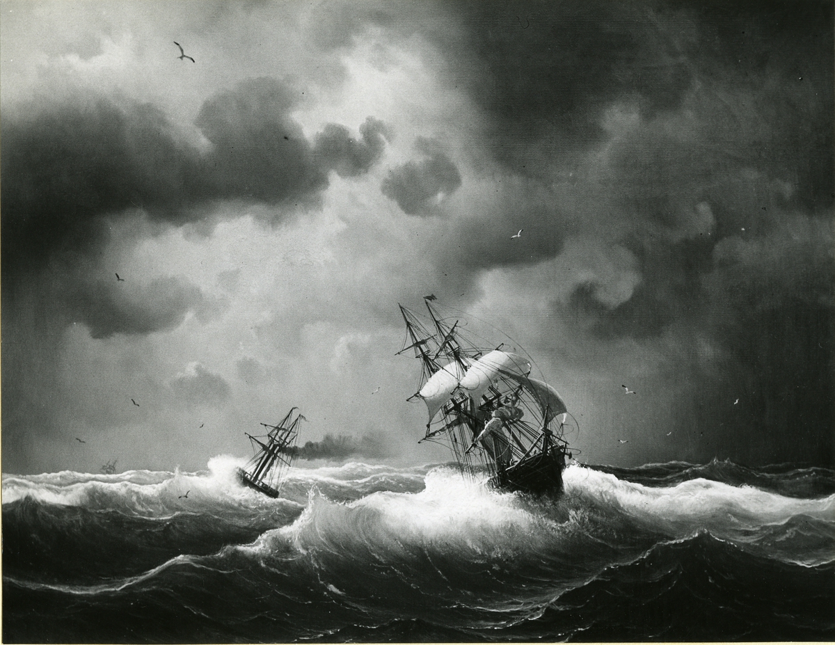 Okänd fotograf, Fartyg i sjönöd. Oljemålning 1857. Storlek 77 x 97 cm.