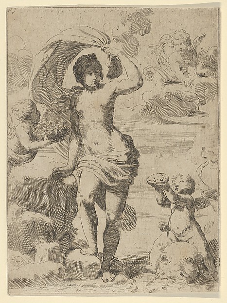 Anonymous, Venus stepping out of the sea, holding a billowing drapery in her left hand, Cupid at right offering pearls while riding a dolphin and a putto at left offering flowers, another in the clouds