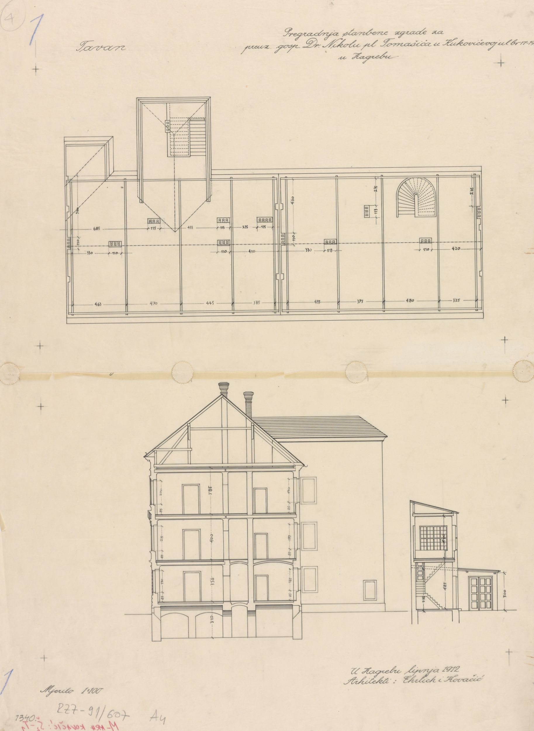 Viktor Kovačić, Stambena kuća Nikole pl. Tomašića, projekt pregradnje, 1. tlocrt: tavan, 2. presjek