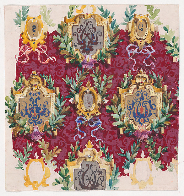Anonymous, French, 19th century, Design for Wallpaper with Alternating Vertical Rows of Pairs of Ornamental Frames of Two Sizes Framed by Interlacing Garlands of Laurel Leaves Tied by a Bow