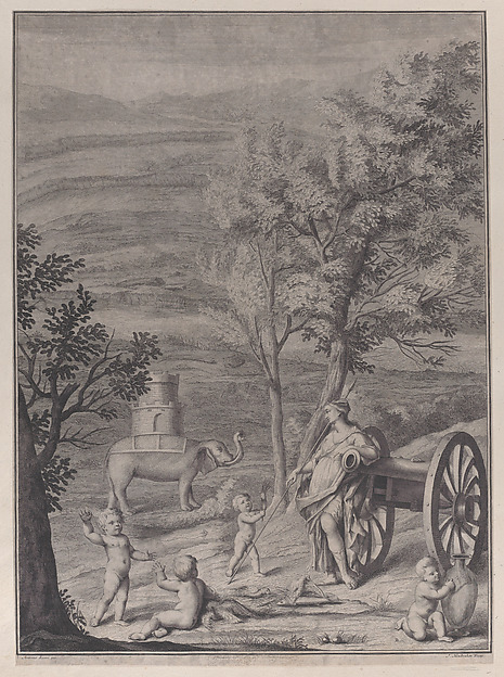 Jacob Houbraken, A woman standing against a cannon at right, putti in the foreground, and an elephant with a tower on its back in the background at left, from "Danubius Pannonico-Mysicus" (Volume 3)