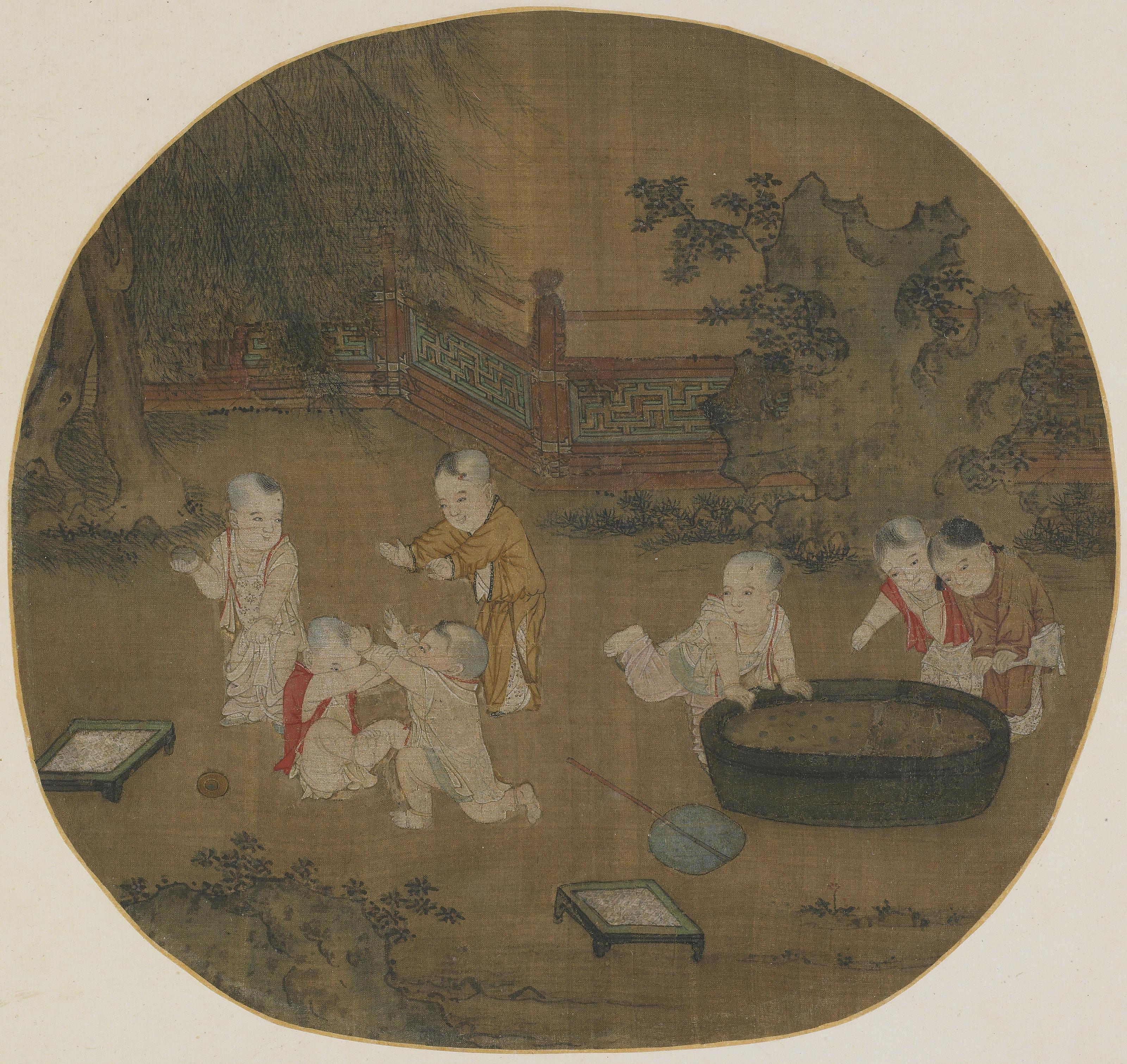 Formerly attributed to Zhou Wenju, Children playing in a garden 明 庭院嬰戯圖 冊頁