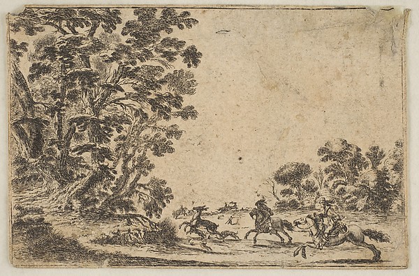 Stefano della Bella, Plate 4: a deer hunt, two horsemen galloping towards the rightbehind three dogs and a deer, a group of trees to left, from "Various Figures" (Agréable diversité de figures)