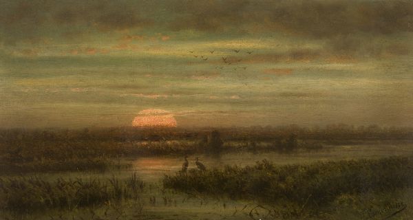 Jean Pierre François Lamorinière, Landscape with Herons at Sunset