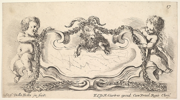 Stefano della Bella, Plate 17: A cartouche with a marble center, an infant on either side holding a garland over the horns of a ram in center, from "Collection of various caprices and new inventions of cards and ornaments" (Raccolta di varii cappriccii et nove inventioni di cartelle et ornamenti)