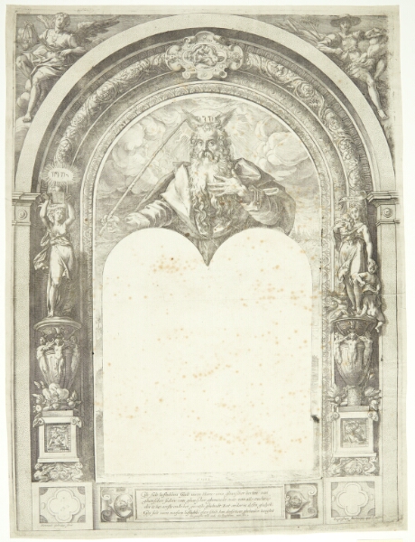 Hendrick Goltzius, Moses med Lovens Tavler, i en indfatning med allegoriske figurer
