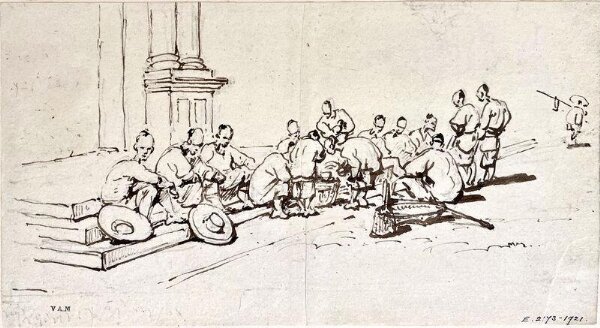 George Chinnery, A large group of Chinese figures sitting on low steps, with raised columns behind