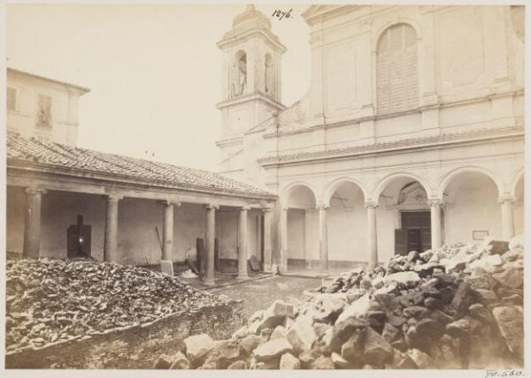 Parker, John Henry, Church of S. Clement - Front of the Church, with one side of the Quadriporticus, A.D. 1250, and the Campanile, c. A.D. 1600.