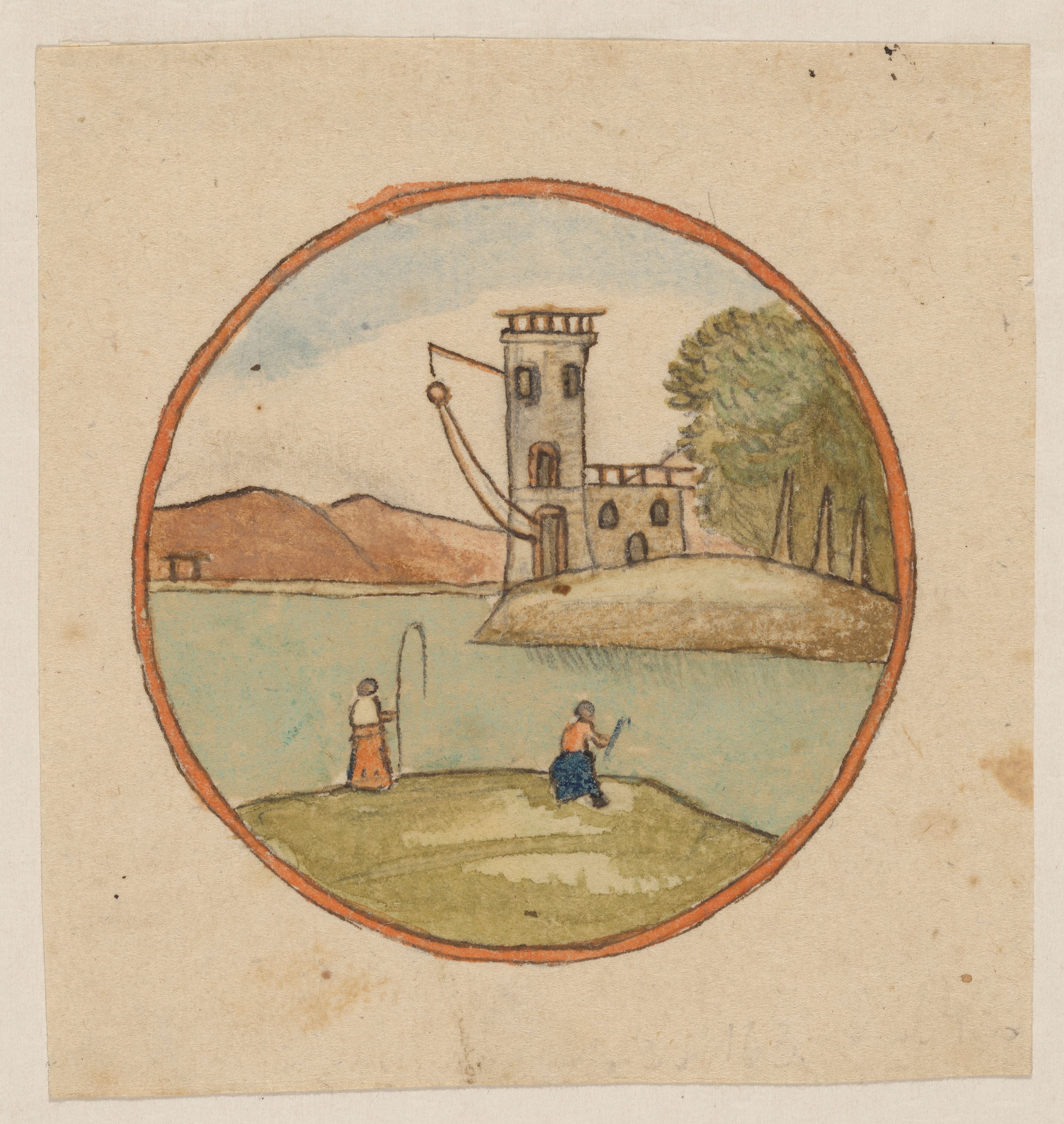 Unknown artist, Landschaft am Wasser mit einer Burg und angelnder Staffage