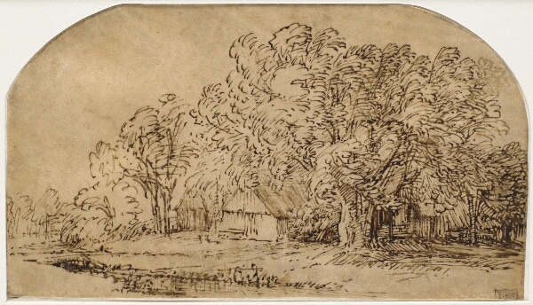 Rembrandt van Rijn, Landskab med hytter under store træer. "Vindpustet"