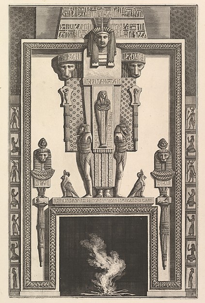 Giovanni Battista Piranesi, Chimneypiece in the Egyptian style: Mummy superimposed on a large caryatid above the lintel (Ch. à l'égyptiennne surmontée d'une grande cariatide contre laquelle s'applique une momie), from Diverse Maniere d'adornare i cammini ed ogni altra parte degli edifizi...(Different Ways of ornamenting chimn…