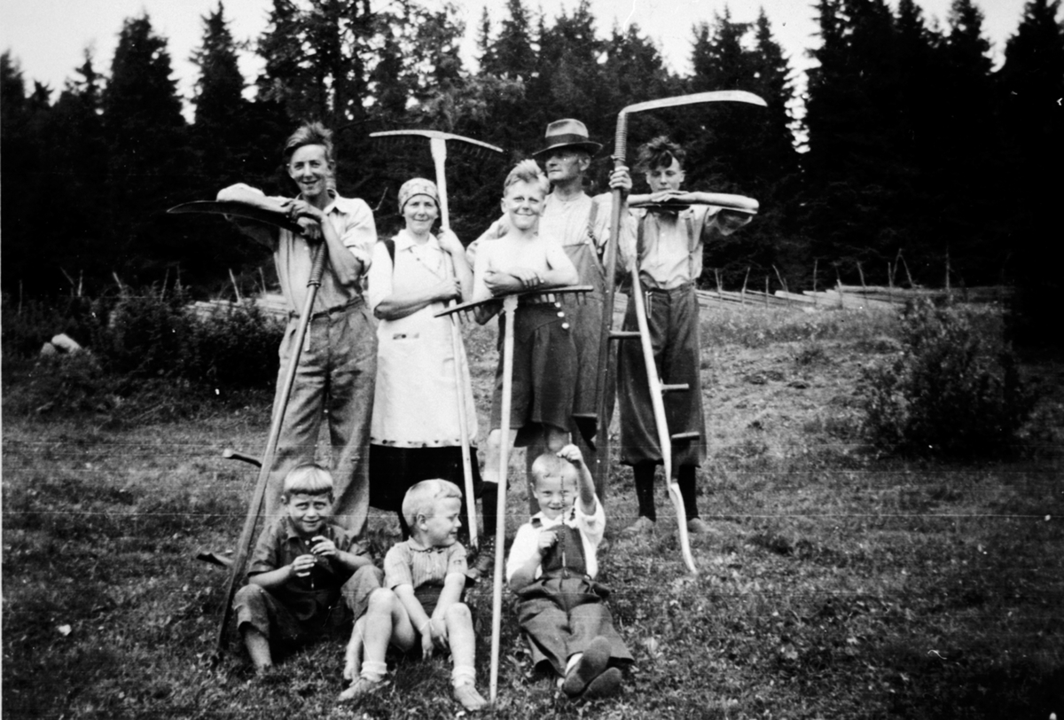 Anno Domkirkeodden, Slåttonn, familien Skaugen, bak fra h: Sverre, Elise, Paul, Petter, Kåre, foran v: Helge Solberg, Arve Solberg, Eivind Per Skaugen, Haukåsen, Veldre i Ringsaker.