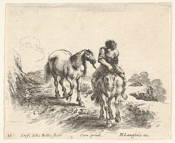 Stefano della Bella, Plate 11: a young horseman, seen from the front, leading another horse, from "Diversi Capricci"