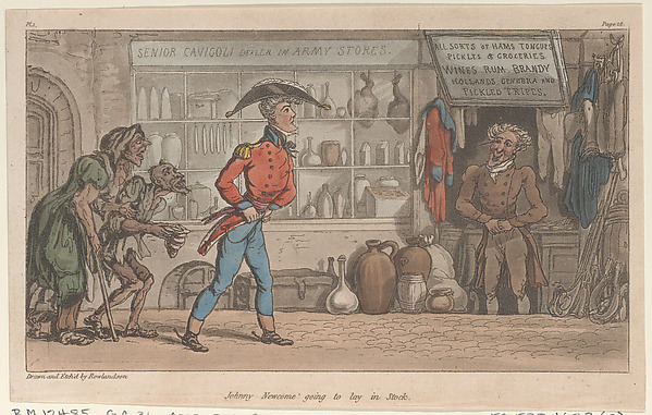 Thomas Rowlandson, Johnny Newcome going to lay in Stock